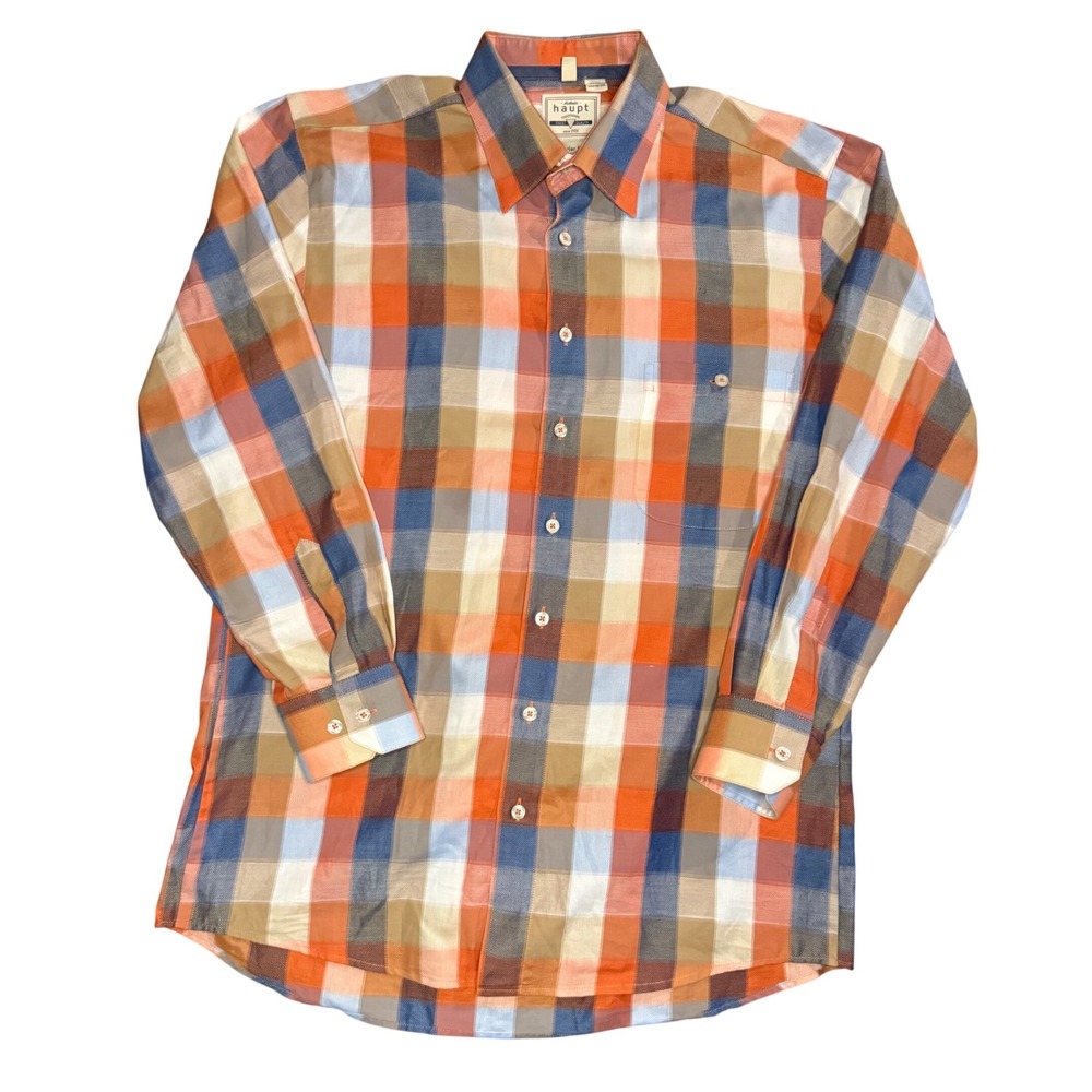 Haupt Regular Fit Button Down Shirt Mens M 15.5 Multi Color Plaid Long Sleeve